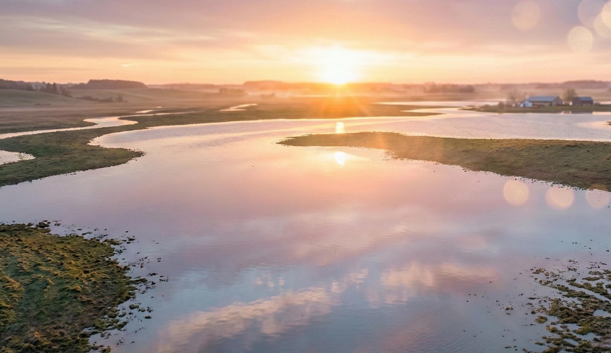 TruOrganic Beef farm at sunrise with flooded pastures
